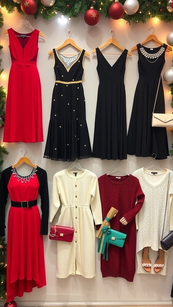 Festive Christmas Dance Outfit Ideas A collection of fashionable Christmas dance outfits in festive colors and styles, set against a cheerful holiday backdrop.